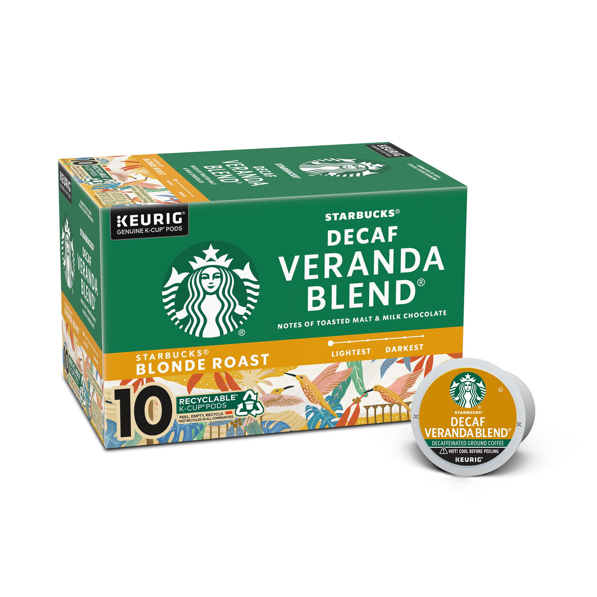 Starbucks Blonde Roast Decaf Veranda K-Cup pods box for convenient daily brews.