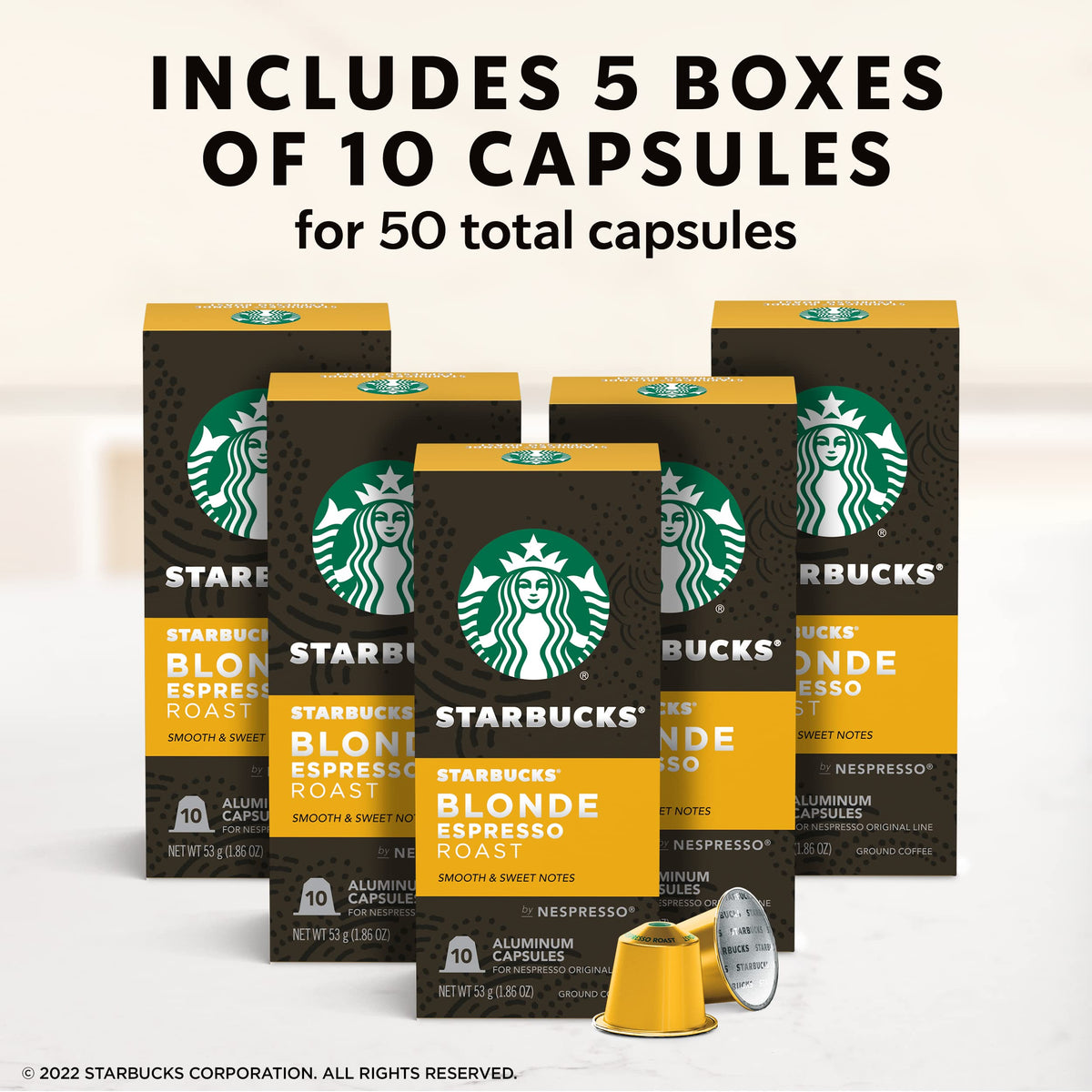Starbucks Blonde Roast pods close-up: mellow flavor ideal for a delicate espresso.