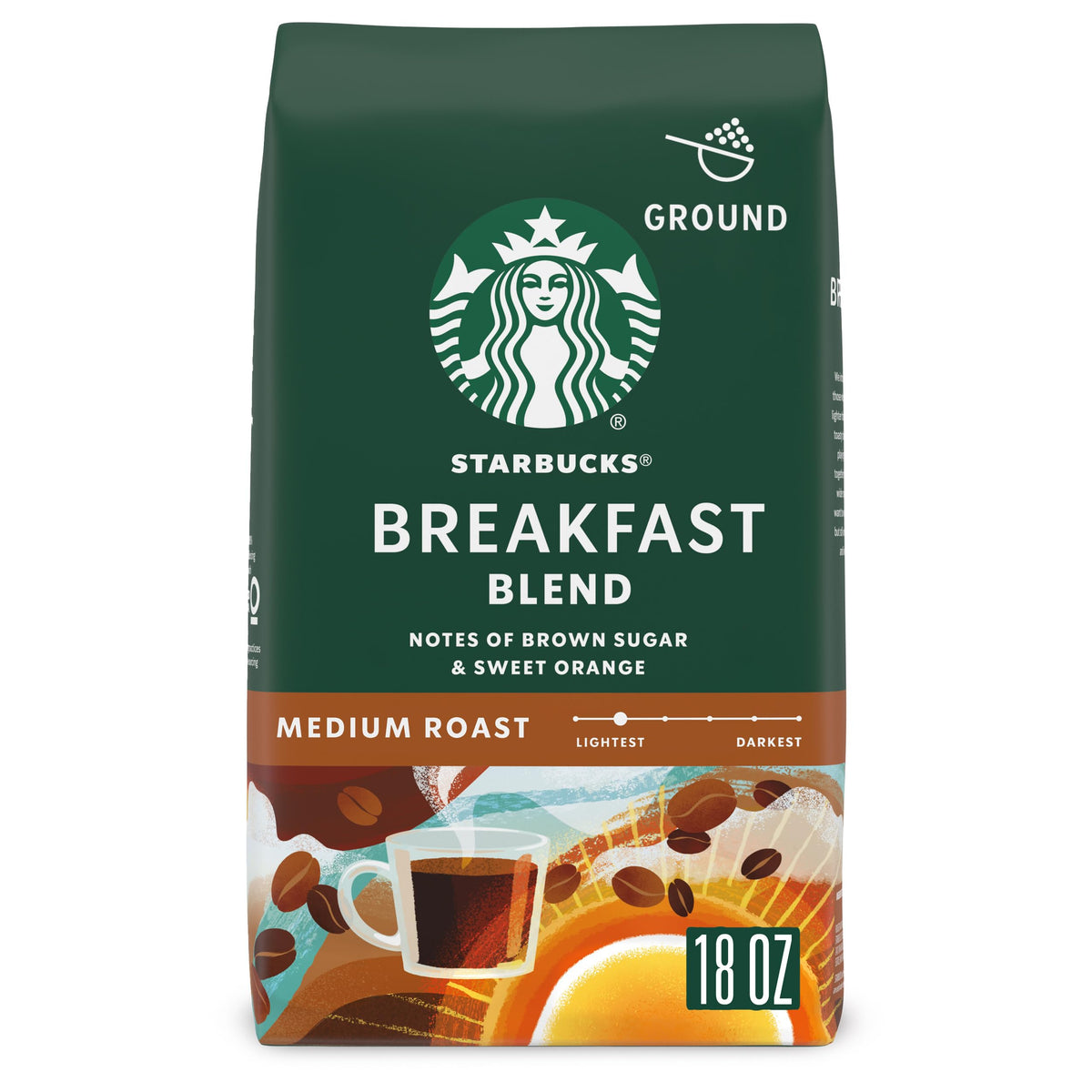 Starbucks Breakfast Blend 18oz ground coffee pack for versatile morning brewing.