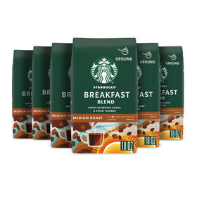 Starbucks Breakfast Blend ground coffee in an 18oz bag showing the branding and packaging