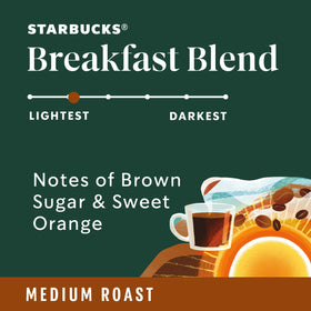 Close-up of Starbucks Breakfast Blend ground coffee bags stacked for storage