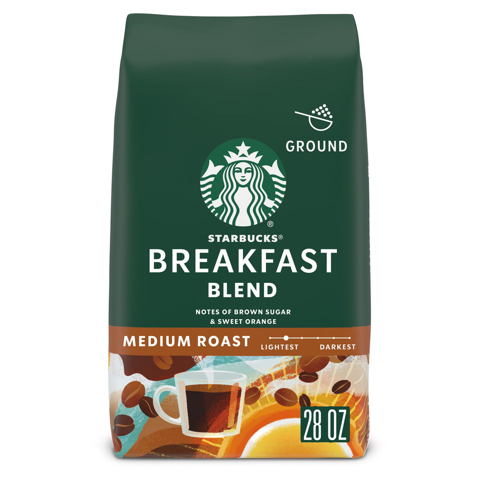 Starbucks Breakfast Blend ground coffee bag on counter for a smooth morning start