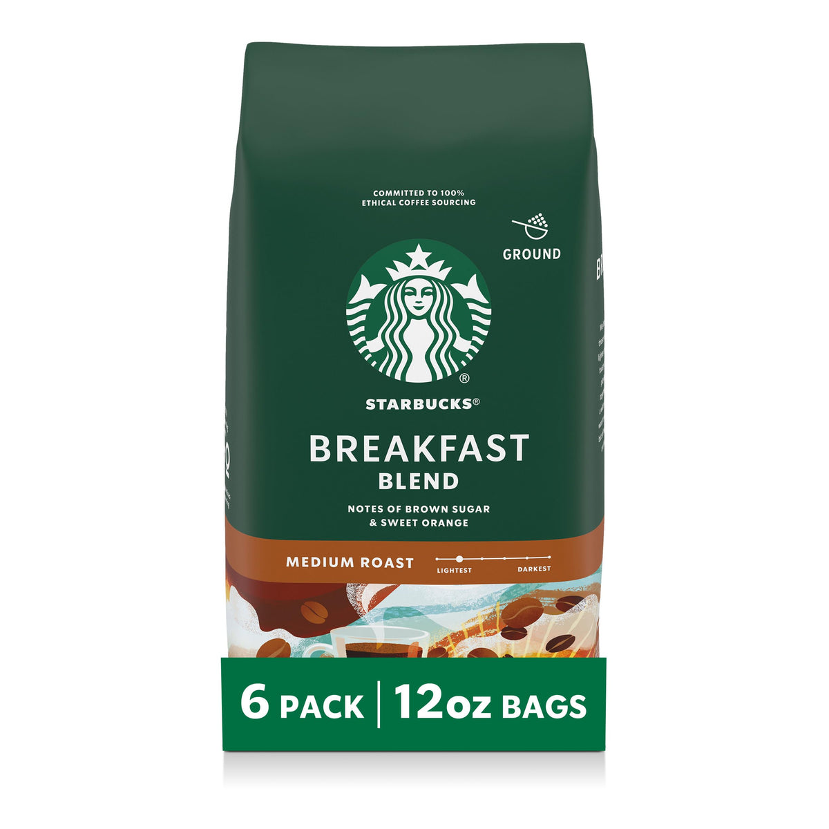 Starbucks Breakfast Blend ground coffee six-pack for versatile hot or iced brews