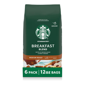 Starbucks Breakfast Blend ground coffee six-pack for versatile hot or iced brews