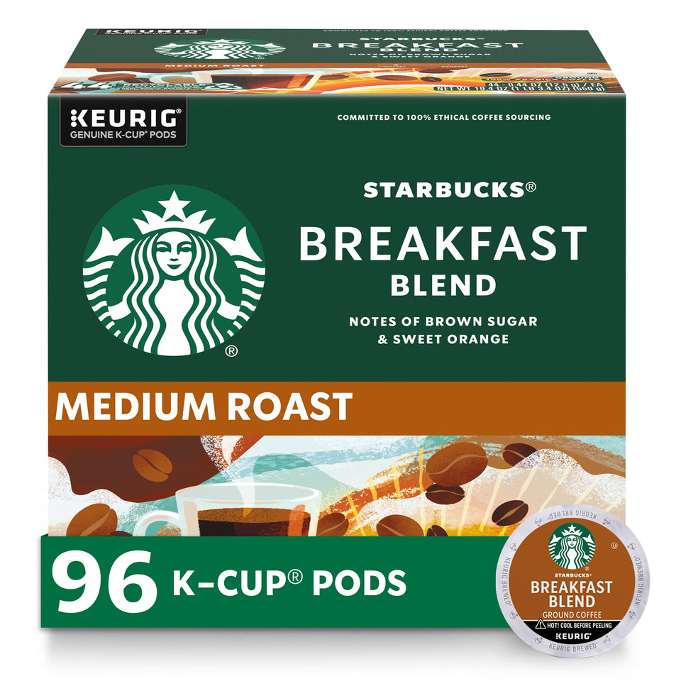 Starbucks Breakfast Blend K-Cup box highlights convenient, four-box packaging for easy at-home brewing.