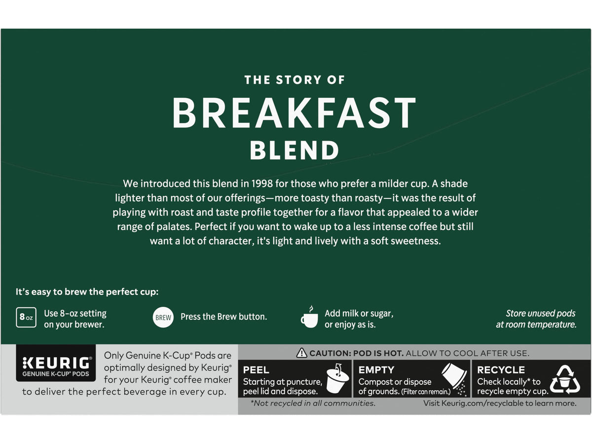 Starbucks Breakfast Blend K-Cup Pod with mug for a balanced morning cup
