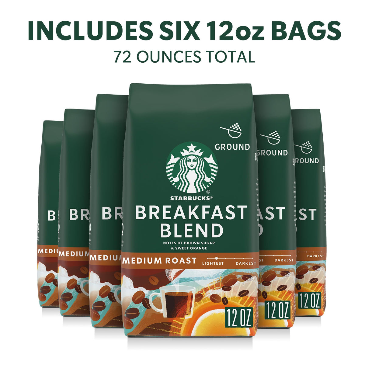 Starbucks Breakfast Blend packaging front highlighting six-pack coffee beans