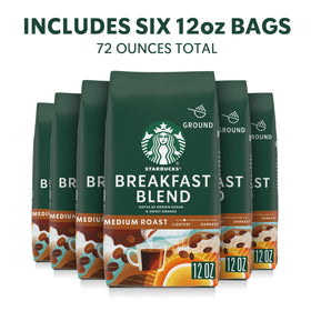 Starbucks Breakfast Blend packaging front highlighting six-pack coffee beans