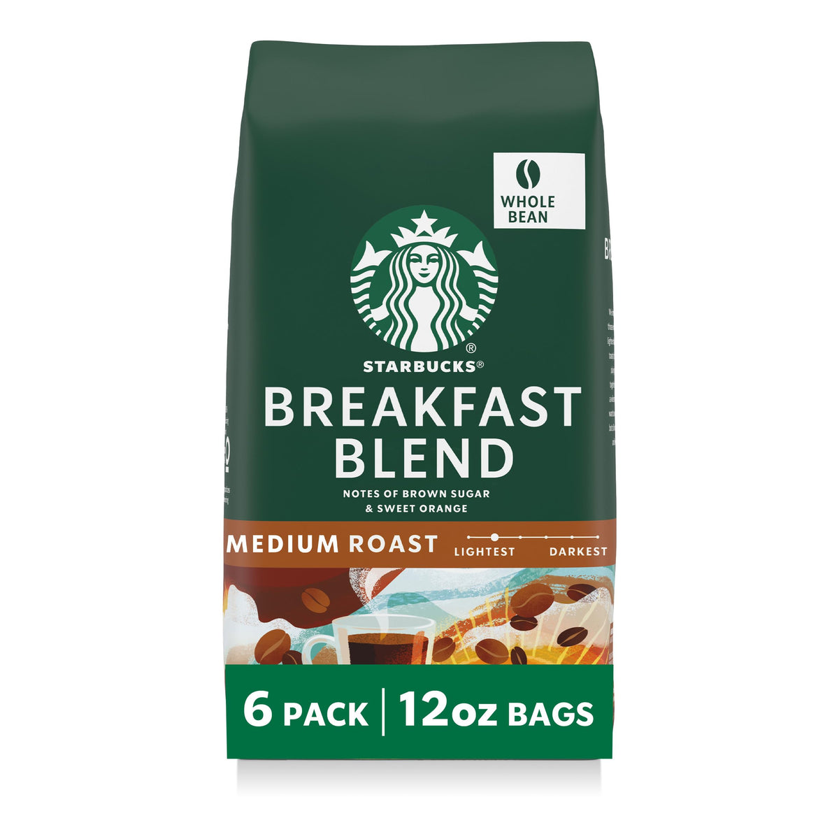 Starbucks Breakfast Blend whole bean bags for easy hot or iced coffee at home.