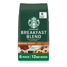 Starbucks Breakfast Blend whole bean bags for easy hot or iced coffee at home.