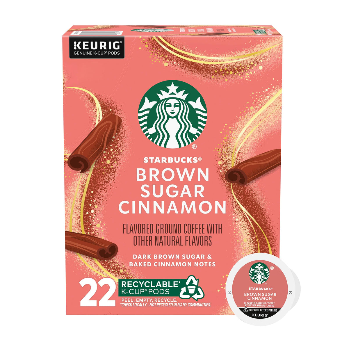 Starbucks Brown Sugar Cinnamon K-Cup pods in a 22-count box for home brewing.