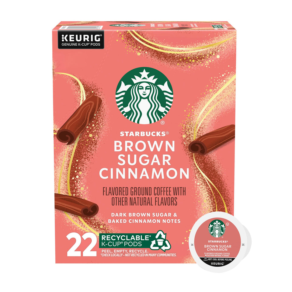 Starbucks Brown Sugar Cinnamon K-Cup pods in a 22-count box for home brewing.