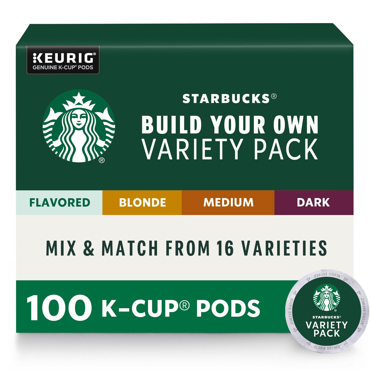 Starbucks build-your-own variety pod pack offering 100 K-Cups for mixed tastes at home.