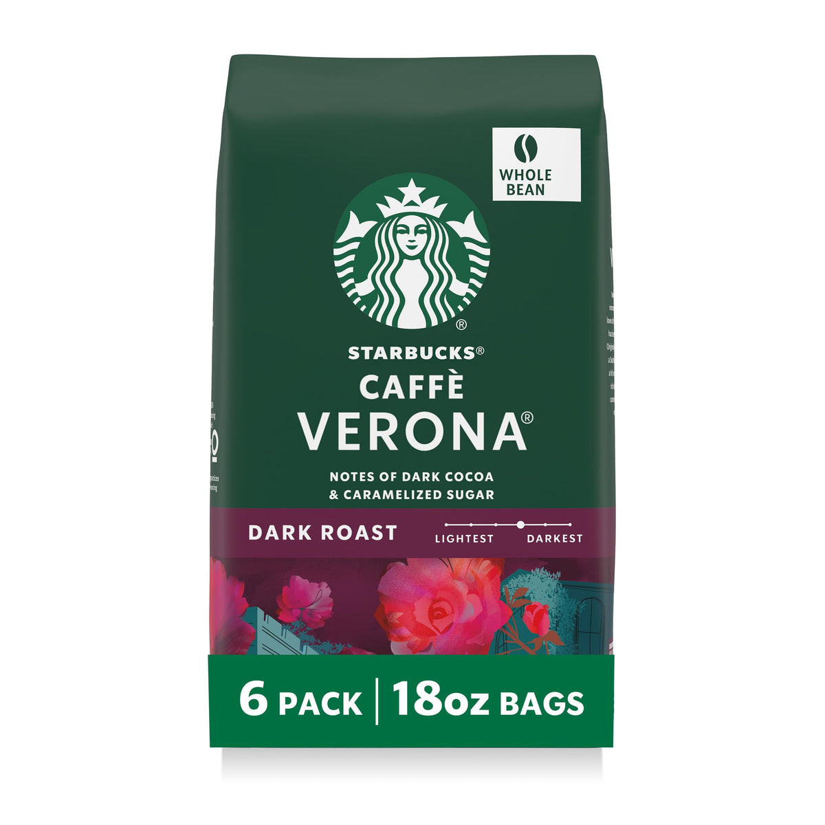 Starbucks Caffè Verona dark roast beans in a bag, ideal for versatile home brewing
