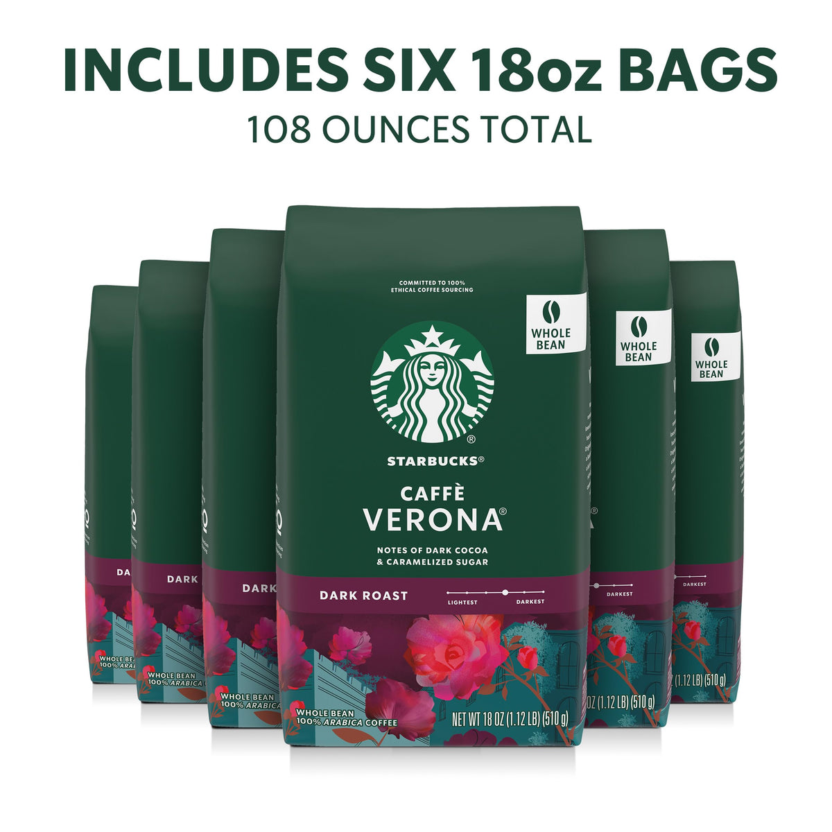 Starbucks Caffè Verona dark roast beans close-up showing rich oils for a full cup