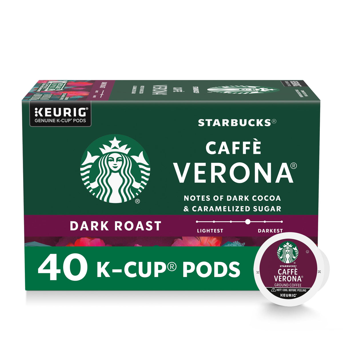 Starbucks Caffè Verona dark roast K-Cup pods ready for home brewing with Keurig machines