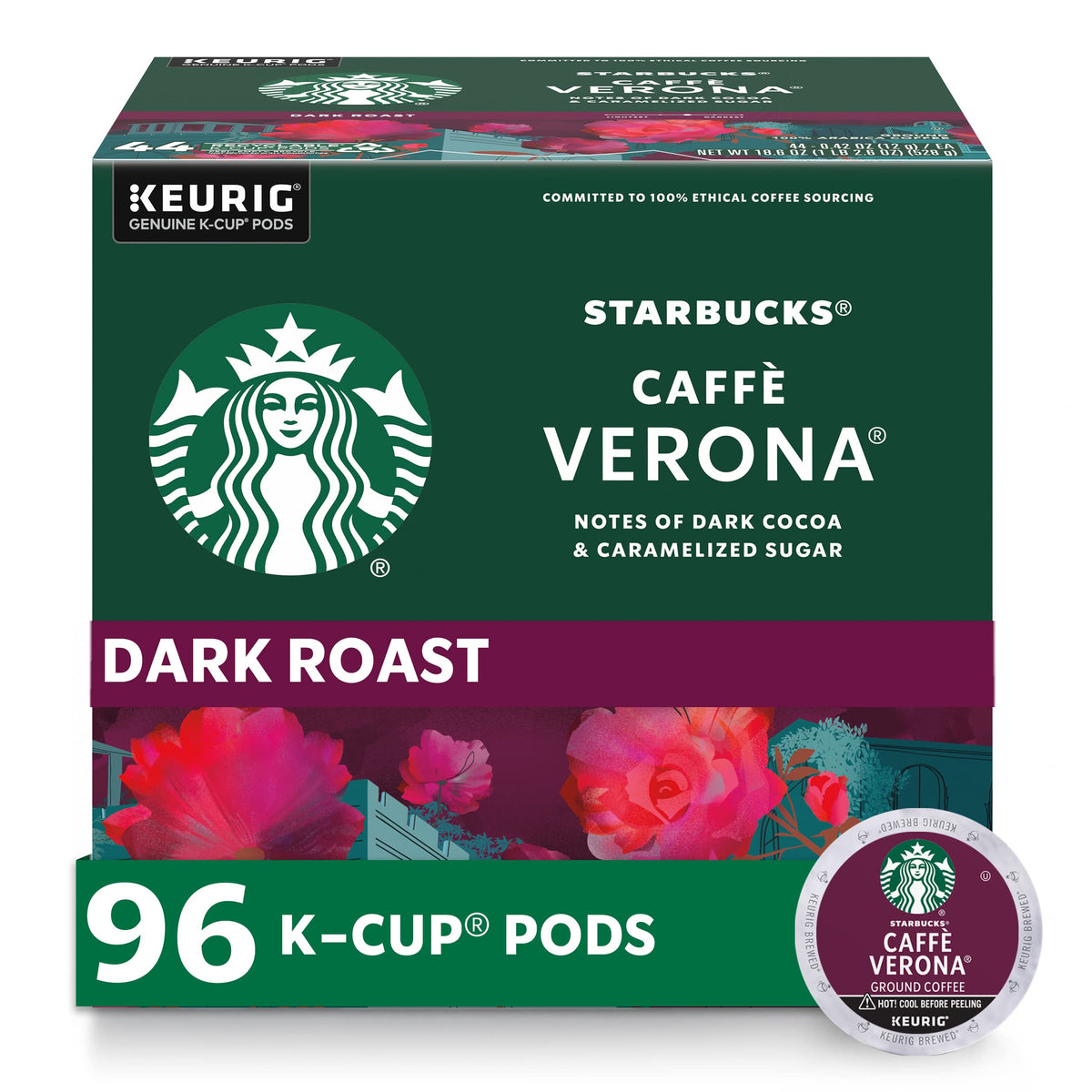 Starbucks Caffè Verona dark roast K-Cup pod for Keurig brewing.