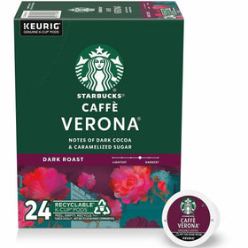 Starbucks Caffè Verona dark roast K-Cup pod delivers rich chocolatey notes for a bold morning.