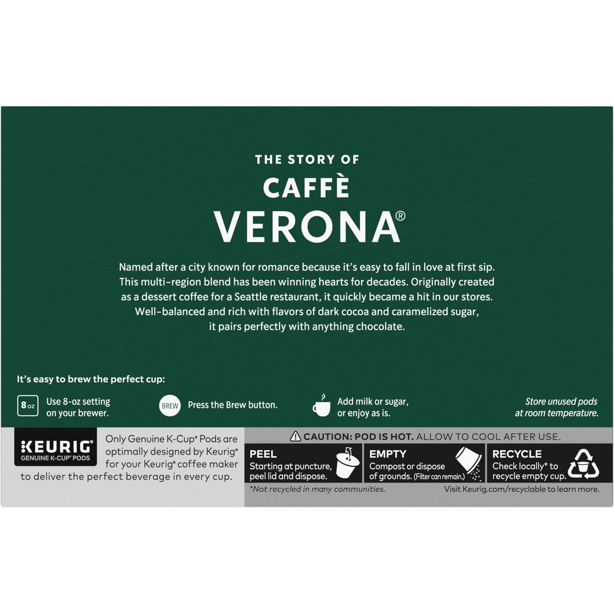 Starbucks Caffè Verona box label communicates quality blend for versatile drinks.