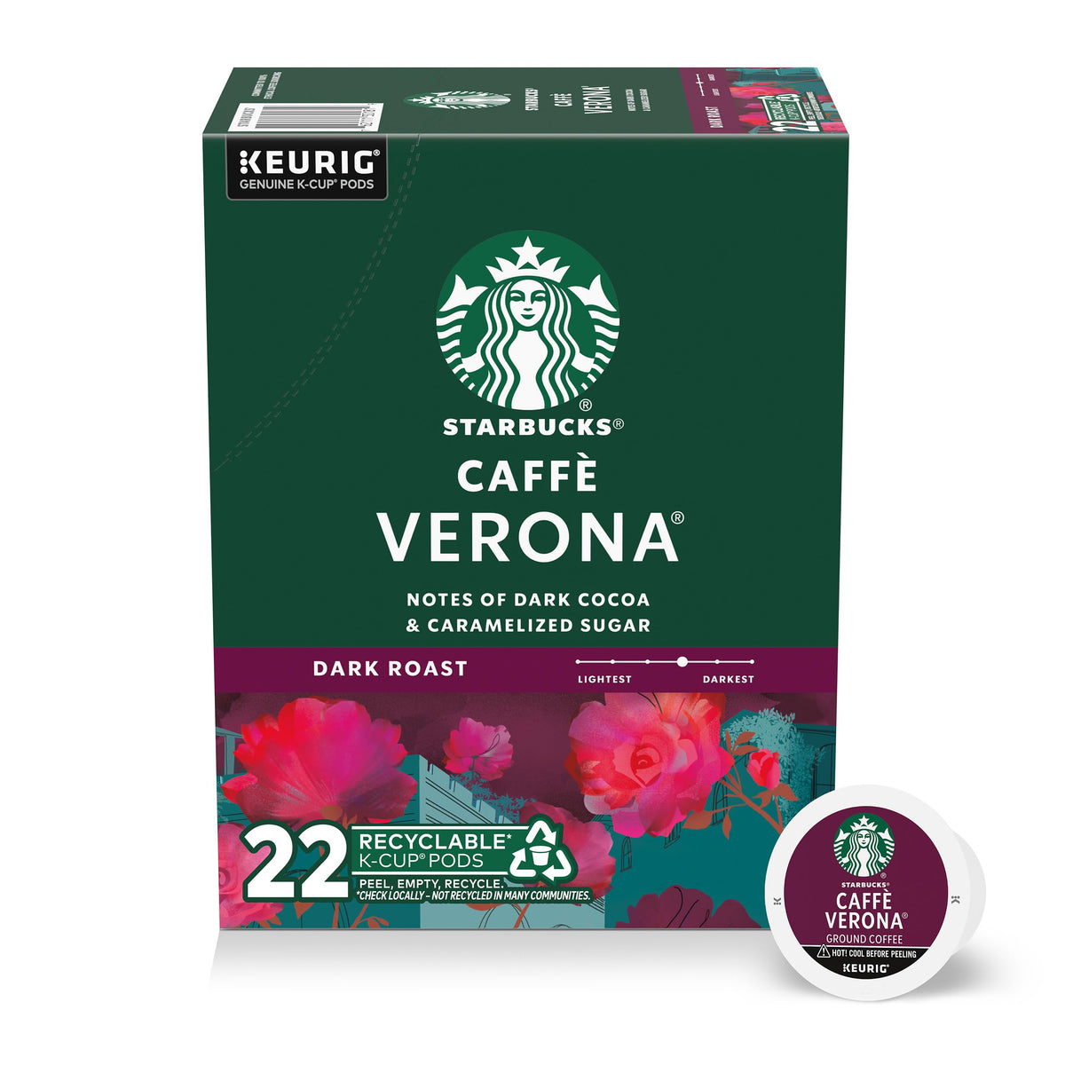 Starbucks Caffè Verona dark roast pod with bold aroma and rich flavor.
