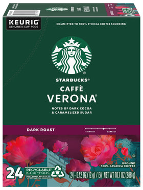 Starbucks Caffè Verona dark roast pods lined up for easy kitchen rotation