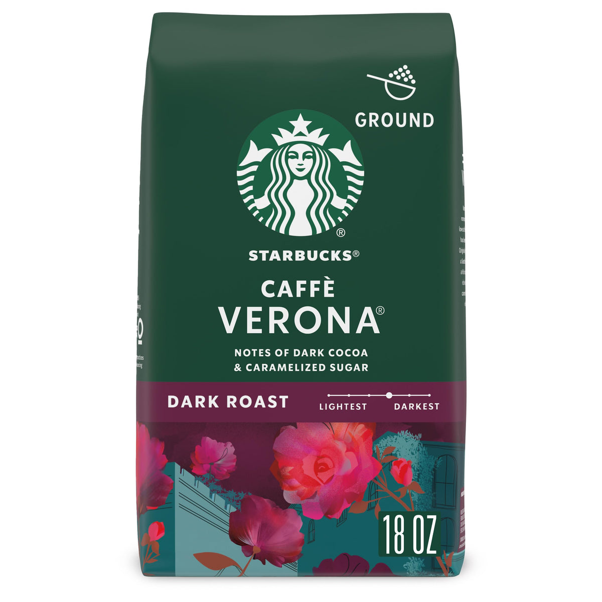 Starbucks Caffè Verona ground coffee in an 18oz bag for easy at-home brewing.