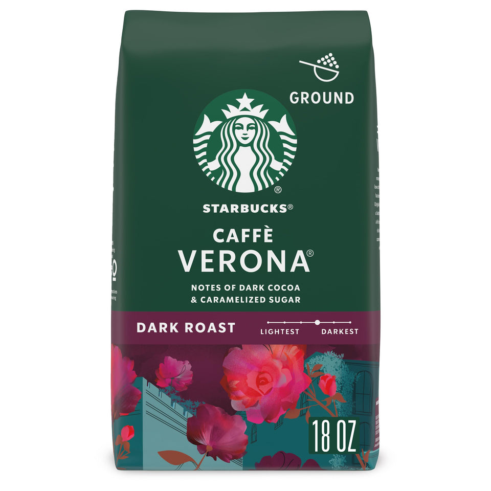 Starbucks Caffè Verona ground coffee in an 18oz bag for easy at-home brewing.