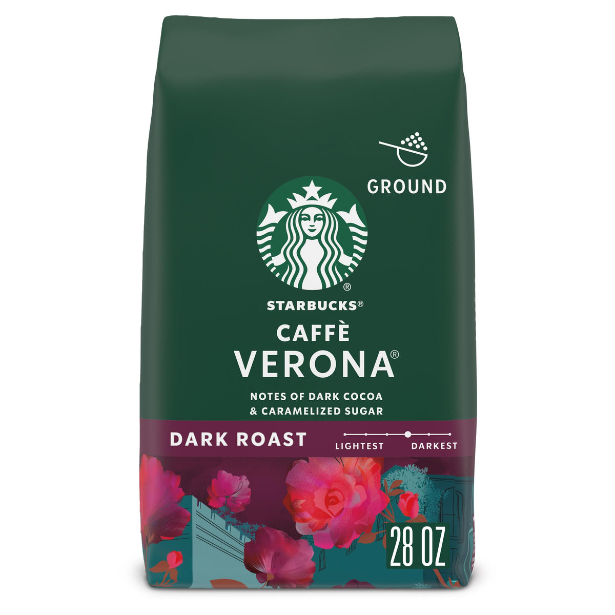 Starbucks Caffè Verona ground coffee bag showing premium 28 oz pack, ideal for home brews