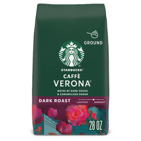 Starbucks Caffè Verona ground coffee bag showing premium 28 oz pack, ideal for home brews