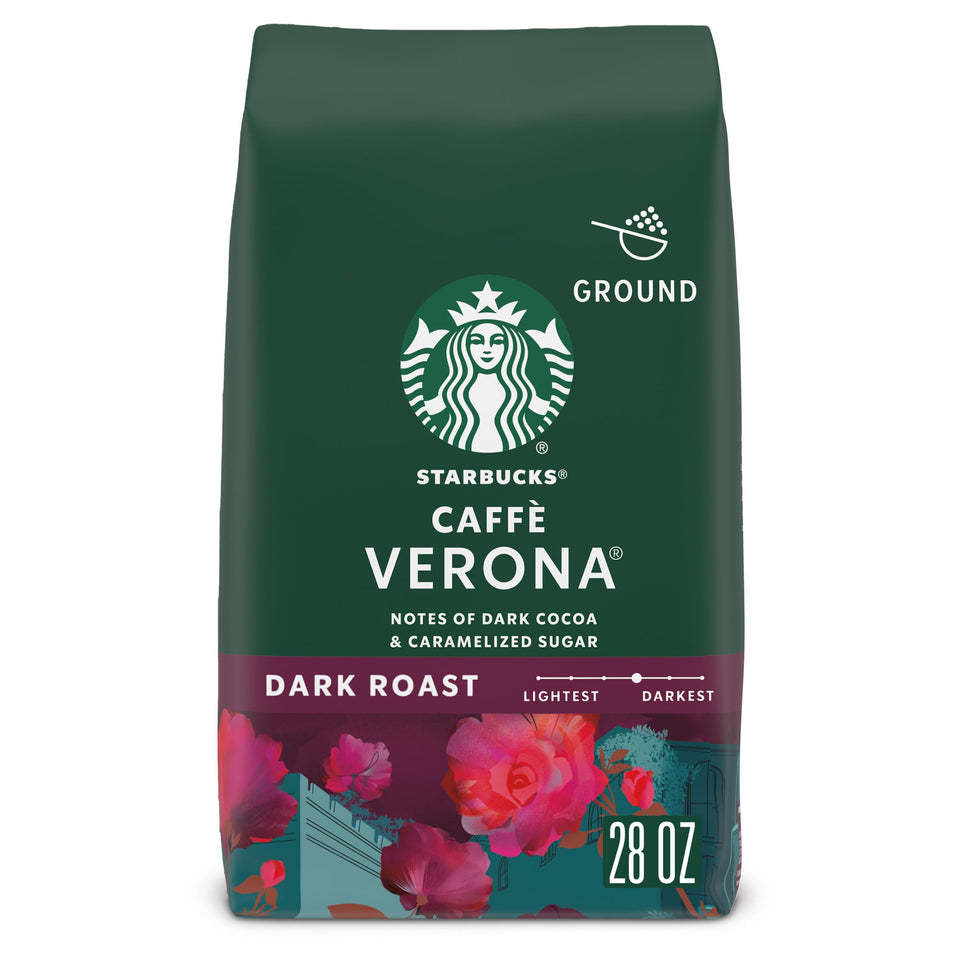 Starbucks Caffè Verona ground coffee bag showing premium 28 oz pack, ideal for home brews