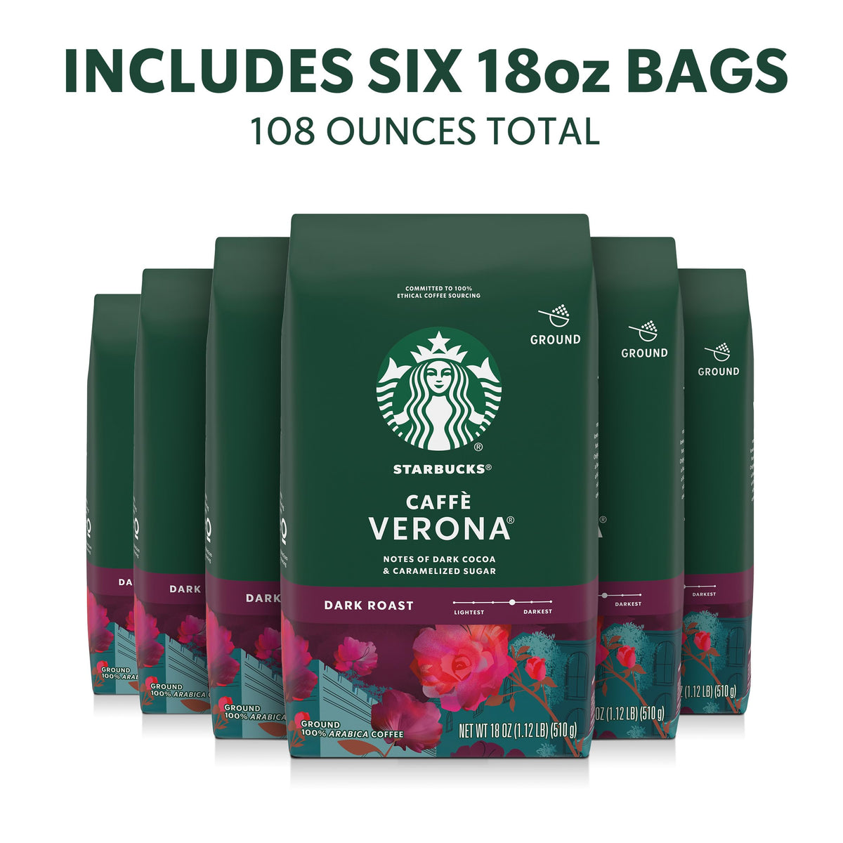 Starbucks Caffè Verona ground coffee bags on display, ready for bold drip mornings.