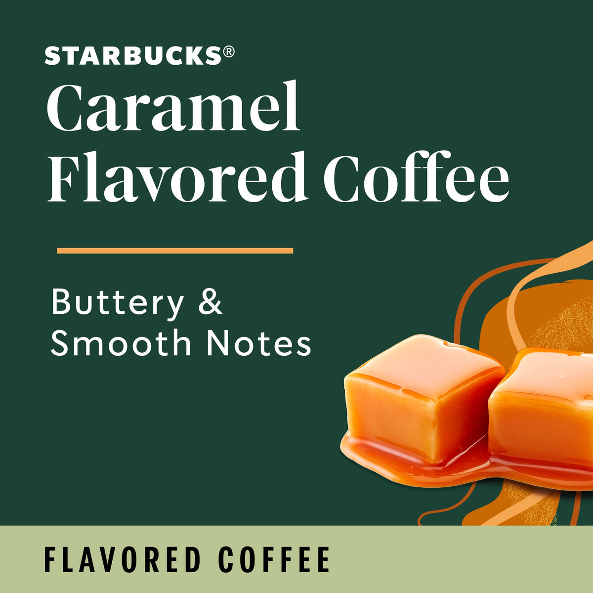 Closeup of Starbucks Caramel K-Cup pod highlighting smooth, buttery notes.