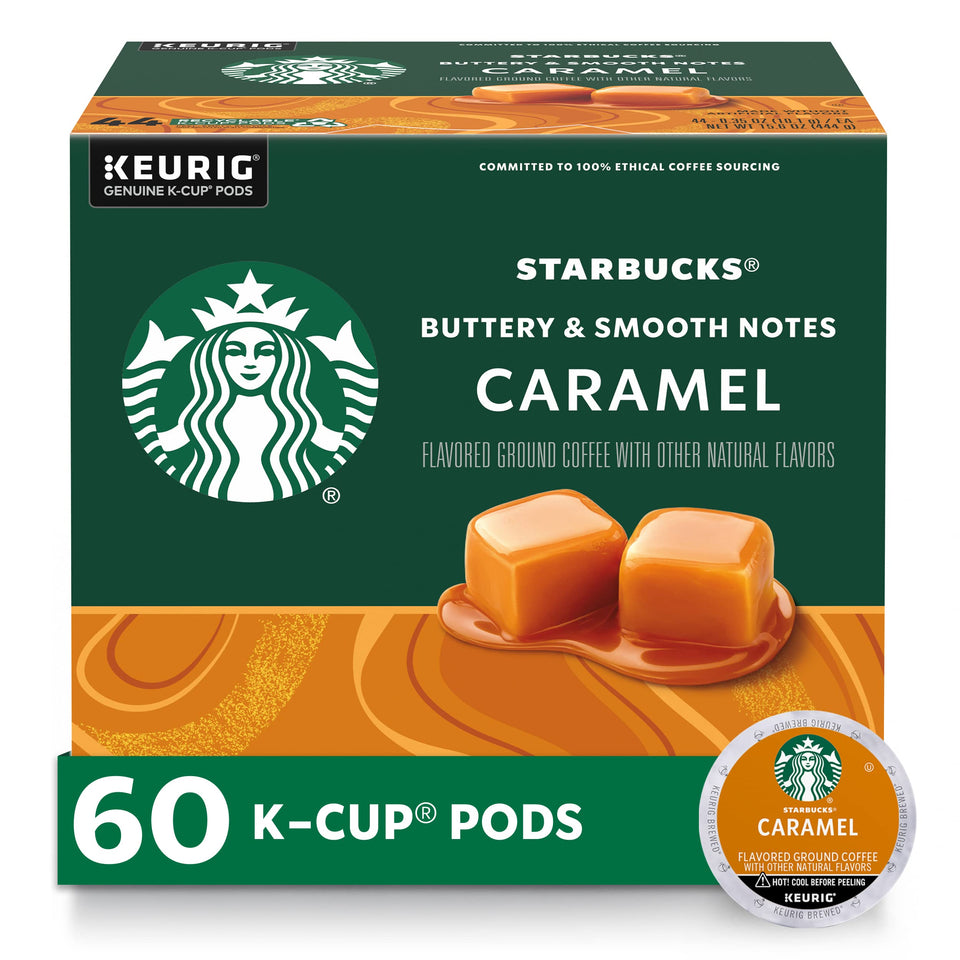 Starbucks Caramel Flavored K-Cup pods boxed for convenient at-home brewing.