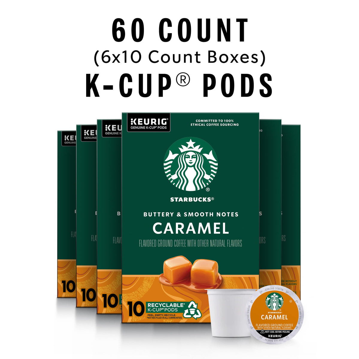 Starbucks Caramel Flavored K-Cup pods stacked, signaling easy single-serve coffee.