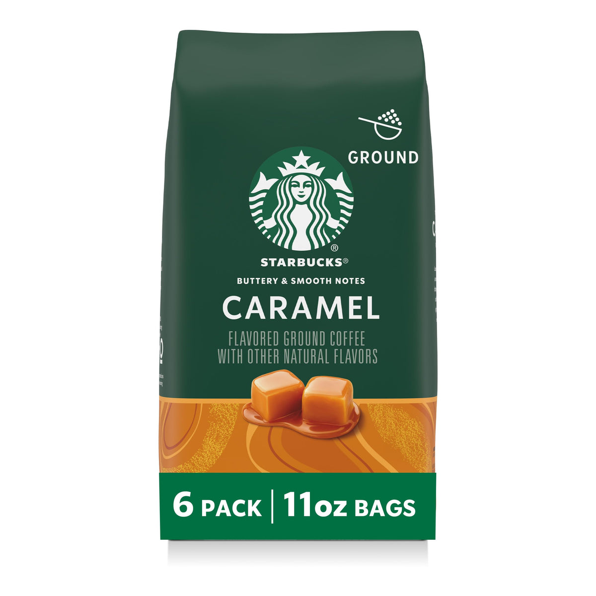 Starbucks Caramel ground coffee bags for convenient daily brewing.