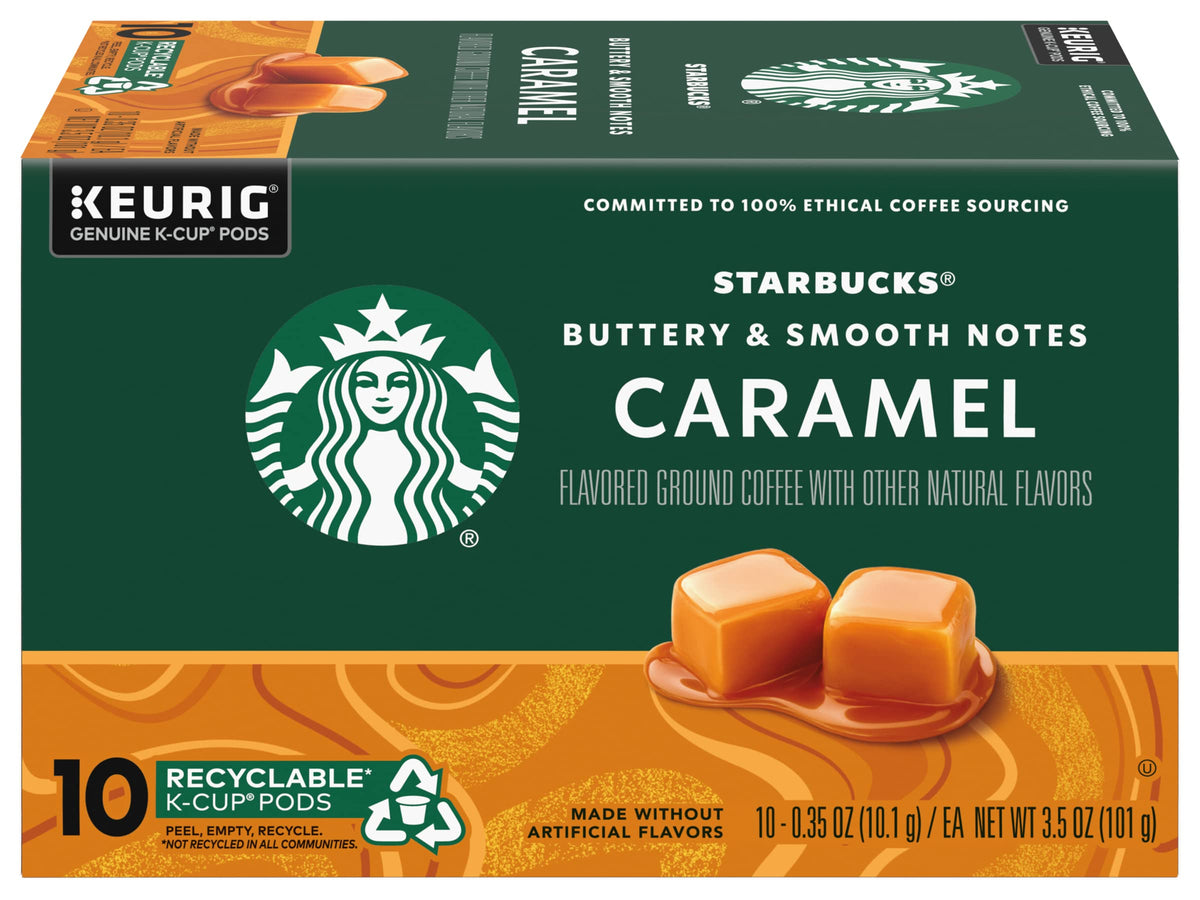 Starbucks Caramel K-Cup Pod closeup aroma highlighting caramel sweetness and smooth flavor.