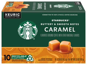 Starbucks Caramel K-Cup Pod closeup aroma highlighting caramel sweetness and smooth flavor.