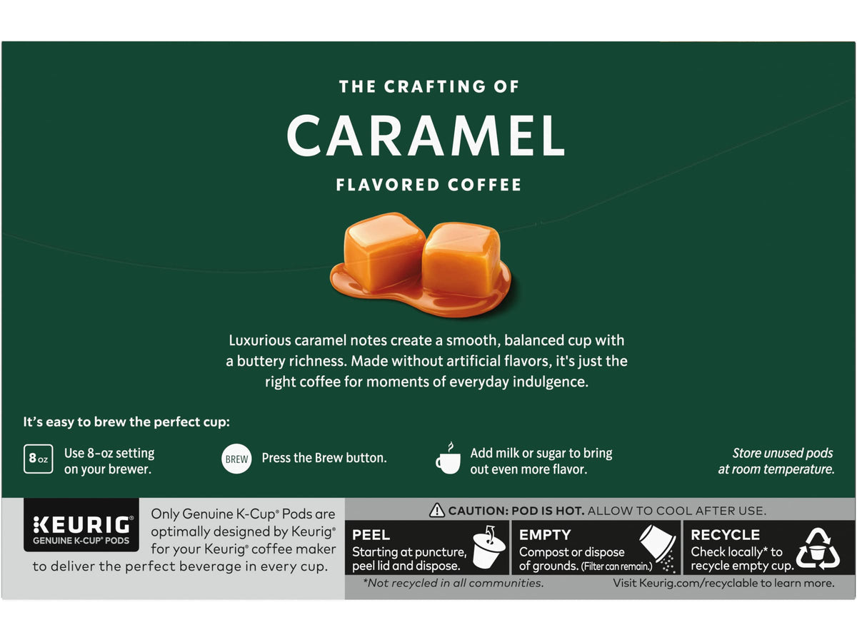 Starbucks Caramel K-Cup Pod ingredients closeup highlights flavor-forward profile.