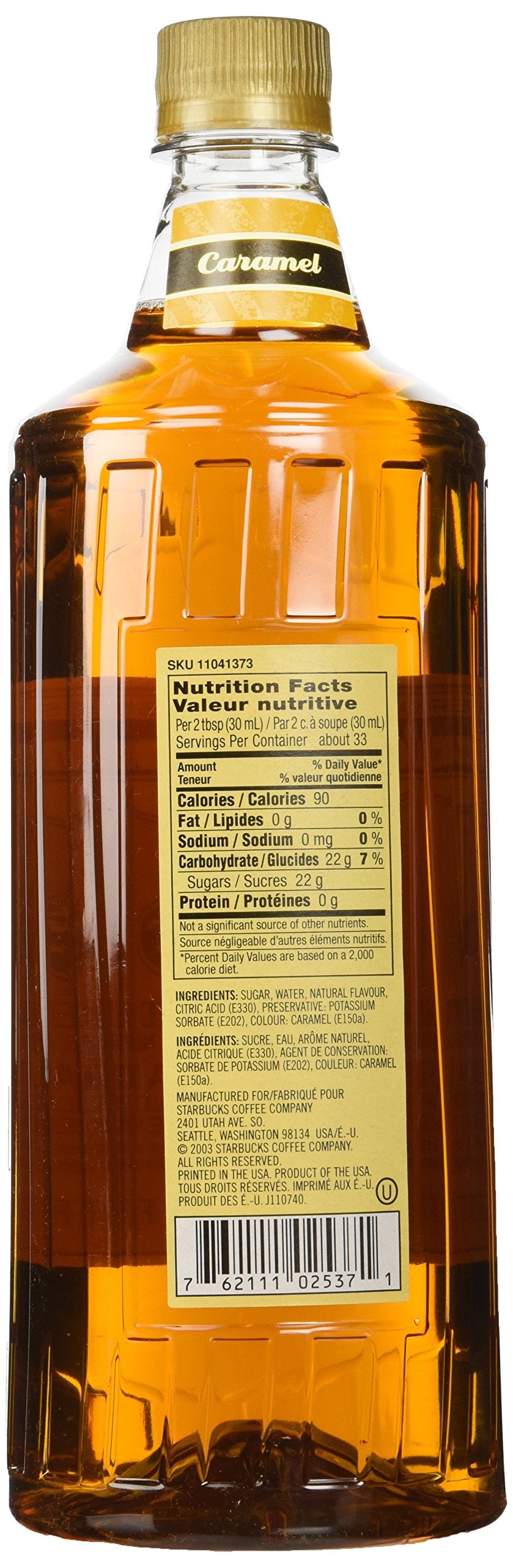 Starbucks caramel syrup label close-up showcases authentic cafe flavor.