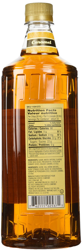 Starbucks caramel syrup label close-up showcases authentic cafe flavor.