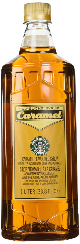 Starbucks caramel syrup bottle top view enhances coffee flavor at home.