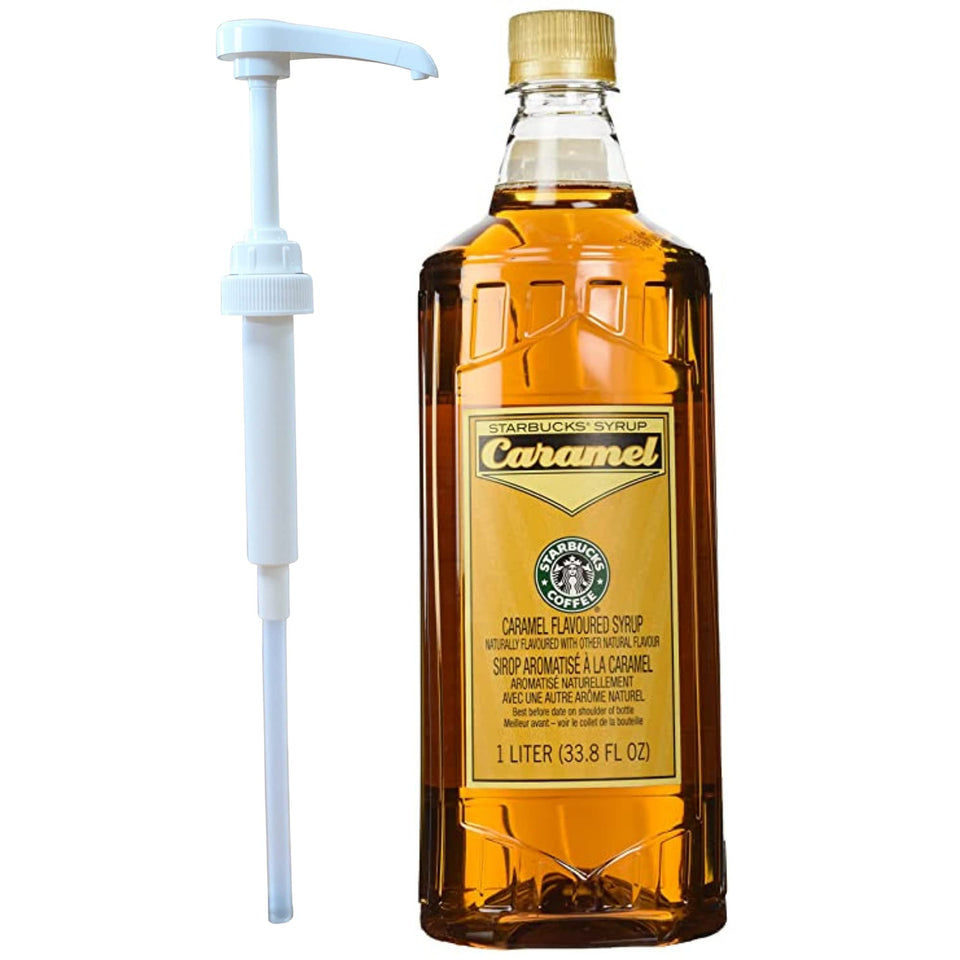 Starbucks caramel syrup with white pump for café-style drinks at home.