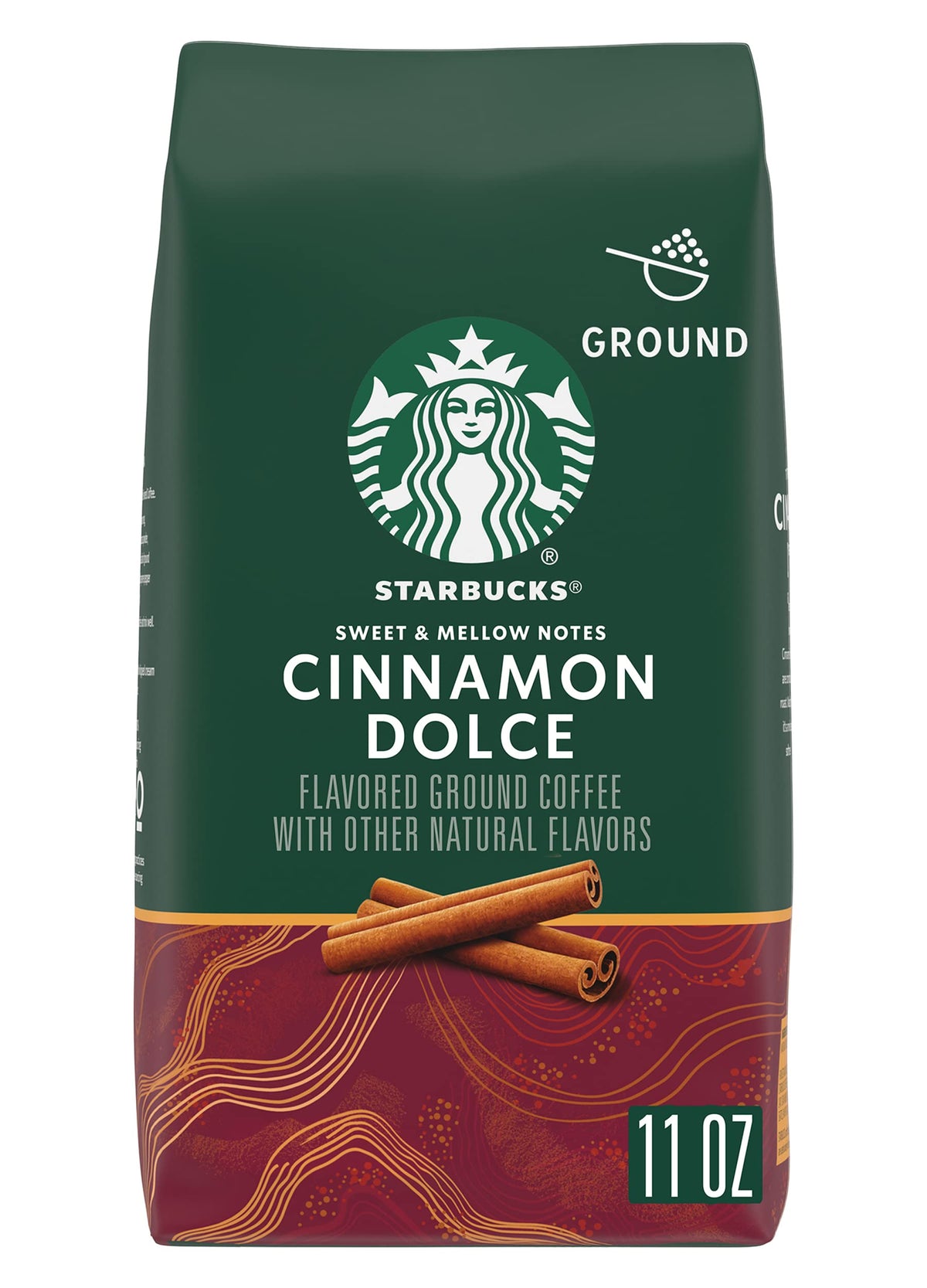 Starbucks Cinnamon Dolce Blonde Roast ground coffee bag back label, notes and suggested brewing.