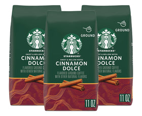 Starbucks Cinnamon Dolce Blonde Roast ground coffee bag front view, ideal for busy morning rituals.
