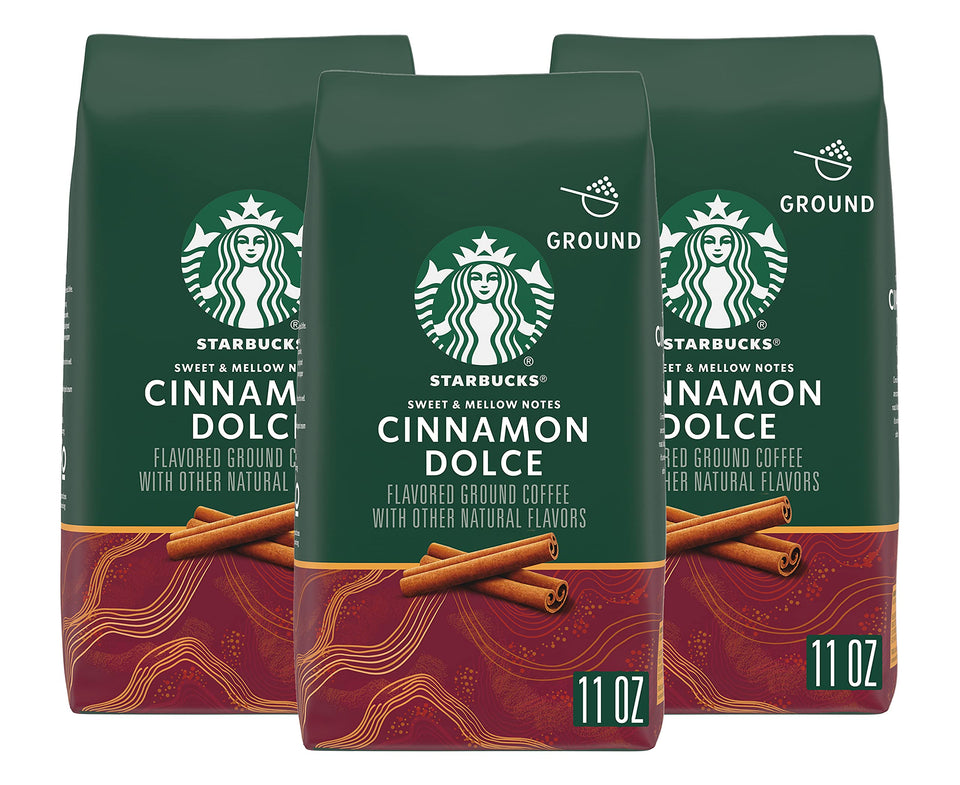Starbucks Cinnamon Dolce Blonde Roast ground coffee bag front view, ideal for busy morning rituals.