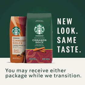 Starbucks Cinnamon Dolce Blonde Roast label highlights Arabica beans and flavor.