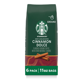 Starbucks Cinnamon Dolce ground coffee packaging shows six bags for home brewing