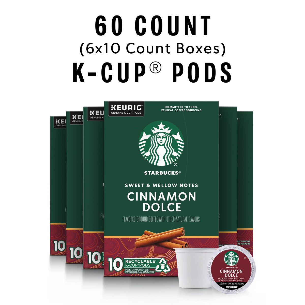Starbucks Cinnamon Dolce K-Cup pods closeup, rich aroma and balanced flavor.