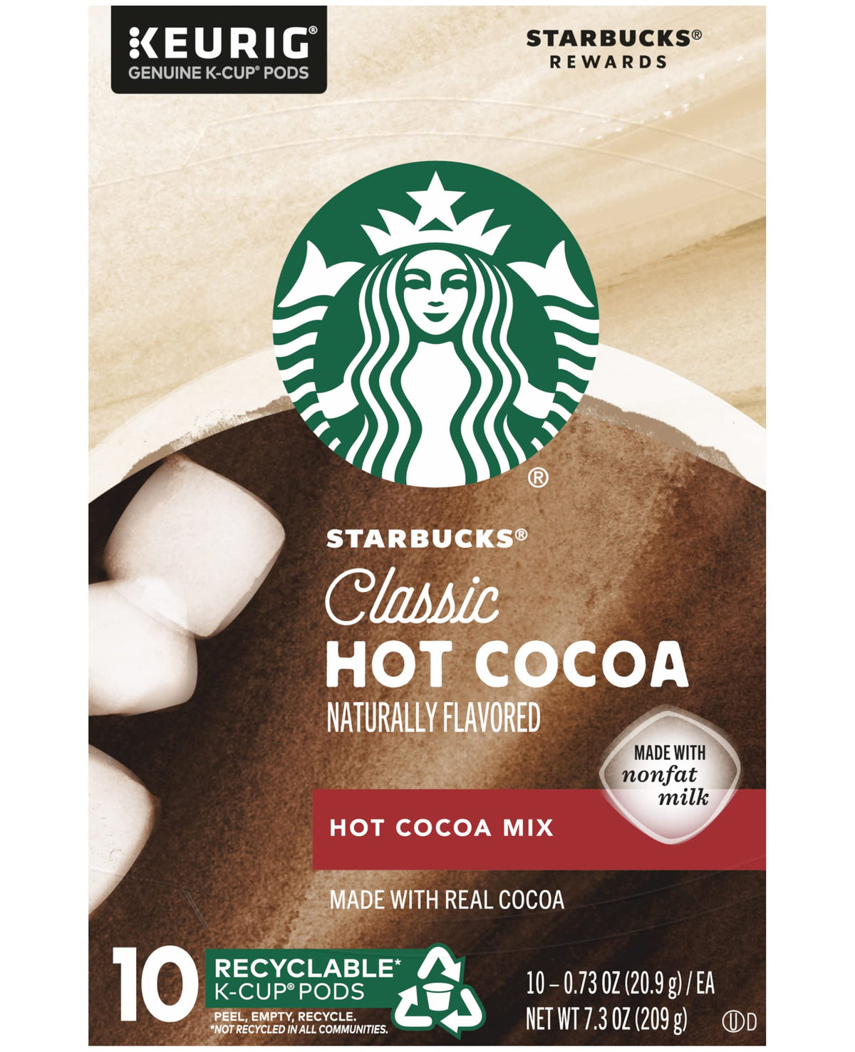 Starbucks Classic Hot Cocoa shown brewing on a Keurig brewer