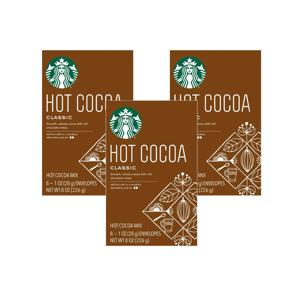 Starbucks Classic Hot Cocoa packaging shows three-box set, perfect for cozy winter mornings.